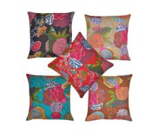 Stylla London 5 housses de coussin indiennes en fil à broderie imprimé Kantha - Coton - Multi-couleurs - 40,64 x 40,64 x 0,2 cm