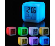 7 couleurs changeantes LED Reveil cube lumineux LCD Horloge veilleuse
