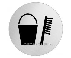 OFFORM Plaque de porte en acier inox brossé, pictogramme"Produits de nettoyage" Ø 75 mm No.8512