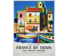 Wee Blue Coo Travel France Train Railway Riviera French Railroad Boat Vintage Art Print Poster Wall Decor 12X16 inch
