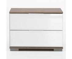 Comodino Girasole S con due cassetti in essenza rovere fresato e vetro bianco