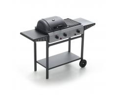 Caesaroo BARBECUE A GAS CON PIETRA LAVICA PIASTRA IN GHISA GRIGLIA 3 BRUCIATORI TERMOMETRO CARRELLO CON RUOTE 3F
