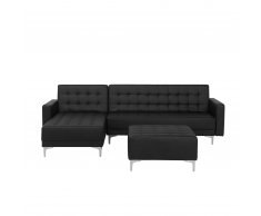 Divano letto angolare con ottomano in pelle sintetica nera destro ABERDEEN