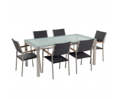 Set da giardino a 6 posti in vetro 180cm con sedie in rattan nero GROSSETO
