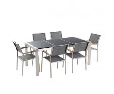 Set di tavolo e 6 sedie da giardino in acciaio, basalto e fibra tessile grigia - Nero lucido - 180cm - GROSSETO