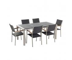 Set di tavolo e sedie da giardino in acciaio, basalto e rattan - 180cm - Nero fiammato - GROSSETO