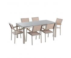 Set di tavolo e 6 sedie da giardino in acciaio, granito e fibra tessile beige - piano singolo- Grigio lucido - 180cm -
