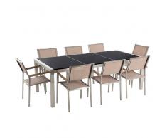 Set di tavolo e 8 sedie da giardino in acciaio, basalto e fibra tessile beige - Nero lucido - 220cm - GROSSETO
