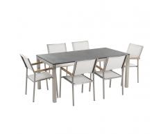 Set di tavolo e 6 sedie da giardino in acciaio, basalto e fibra tessile bianca - piano singolo - Nero fiammato- 180cm -