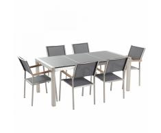 Set di tavolo e 6 sedie da giardino in acciaio, granito e fibra tessile grigia - Grigio lucido - 180cm - GROSSETO