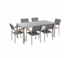 Set di tavolo e 6 sedie da giardino in acciaio, granito e fibra tessile grigia- piano singolo- Grigio lucido - 180cm -