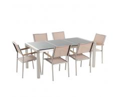 Set di tavolo e 6 sedie da giardino in acciaio, granito e fibra tessile beige - Grigio lucido - 180cm - GROSSETO