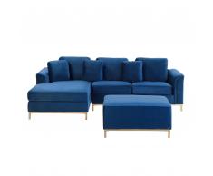 Divano angolare destro in velluto blu con ottomana OSLO