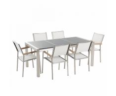 Set di tavolo e 6 sedie da giardino in acciaio, granito e fibra tessile bianca - Grigio lucido - 180cm - GROSSETO