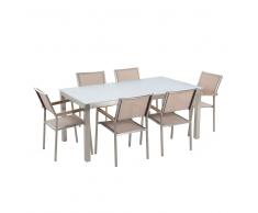 Set tavolo e sedie da giardino - In vetro temperato bianco e fibra tessile beige - tavolo 180 con 6 sedie - GROSSETO