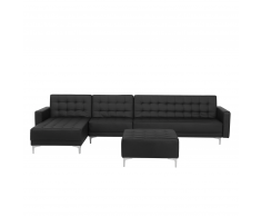 Divano letto angolare XXL con ottomano pelle sintetica nera destro ABERDEEN