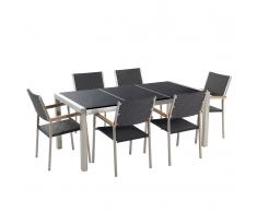 Set di tavolo e sedie da giardino in acciaio, basalto e rattan - 180cm - Nero lucido - GROSSETO