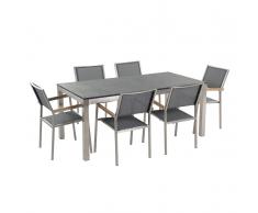 Set di tavolo e 6 sedie da giardino in acciaio, basalto e fibra tessile grigia - piano singolo - Nero fiammato - 180cm
