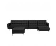 Divano letto angolare XXL con ottomano pelle sintetica nera sinistro ABERDEEN