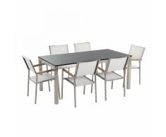 Set di tavolo e 6 sedie da giardino in acciaio, granito e fibra tessile bianca - piano singolo- Nero lucido - 180cm - G
