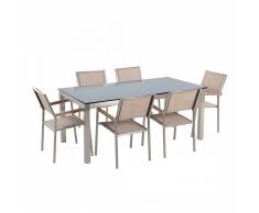 Set tavolo e sedie da giardino - In vetro temperato nero e fibra tessile beige - tavolo 180 con 6 sedie - GROSSETO