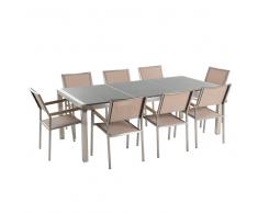 Set di tavolo e 8 sedie da giardino in acciaio, granito e fibra tessile beige - Grigio lucido - 220cm - GROSSETO