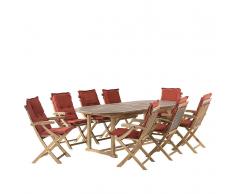 Set da giardino in legno - Tavolo ovale estendibile e 8 sedie con cuscini color mattone - JAVA