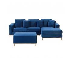 Divano angolare sinistro in velluto blu scuro con ottomana OSLO