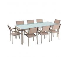 Set tavolo e sedie da giardino - In vetro temperato e fibra tessile beige - tavolo 220 con 8 sedie - GROSSETO