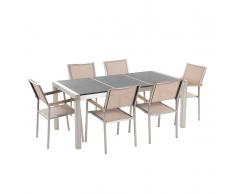 Set di tavolo e 6 sedie da giardino in acciaio, basalto e fibra tessile beige - Nero fiammato - 180cm - GROSSETO