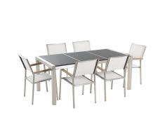 Set di tavolo e 6 sedie da giardino in acciaio, granito e fibra tessile bianca - Nero lucido - 180cm - GROSSETO