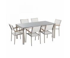 Set di tavolo e 6 sedie da giardino in acciaio, granito e fibra tessile bianca- piano singolo- Grigio lucido - 180cm -