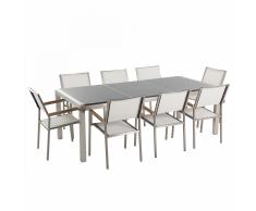 Set di tavolo e 8 sedie da giardino in acciaio, granito e fibra tessile bianca - Grigio lucido - 220cm - GROSSETO
