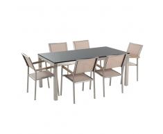 Set di tavolo e 6 sedie da giardino in acciaio, basalto e fibra tessile beige- piano singolo- Nero lucido - 180cm - GRO