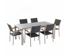 Set di tavolo e sedie da giardino in acciaio, granito e rattan - 180cm - Grigio lucido - GROSSETO