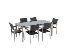 Set tavolo e sedie da giardino - In vetro temperato nero e rattan - tavolo 180 con 6 sedie - GROSSETO