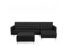 Divano letto angolare con ottomano in pelle sintetica nera sinistro ABERDEEN