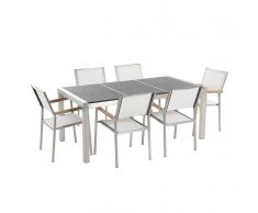 Set di tavolo e 6 sedie da giardino in acciaio, granito e fibra tessile bianca - Nero fiammato - 180cm - GROSSETO