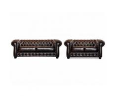 Divano Chesterfield a 3+2 posti BRENTON 100% cuoio di bufalo - Marrone con riflessi castani
