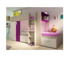 Letto a castello JULIEN - 2x90x190 cm - Armadio integrato - Bianco e fucsia