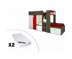 Letto a castello JULIEN - 2x90x190 cm - Armadio integrato - Taupe e rosso + 2 materassi ZEUS 90x190