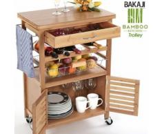 Carrello Cucina in legno BAMBU con Portabottiglie Cassetto Posate Cesto Acciaio