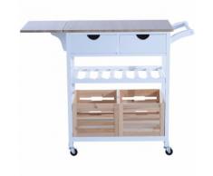 HomCom Carrello da Cucina Multifunzionale con 2 Ceste e Portabottiglie in Legno di Pino, Bianco,