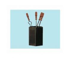 Set Utensili Per Camino In Cubo 4 Pz. In Ferro Battuto Manico Legno -669