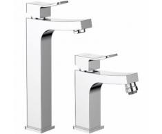 Set miscelatori lavabo canna alta e bidet per piletta click clack Jacuzzi Tanka ottone cromato