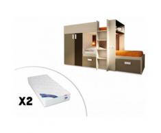 Letto a castello JULIEN - 2x90x190 cm - Armadio integrato - Abete bianco e marrone + 2 materassi ZEUS 90x190