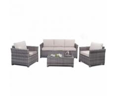 Set relax in polyrattan Marbella grigio 5 posti divano + 2 poltrone e tavolino con top in vetro