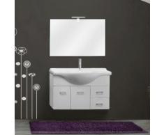 Mobile 85 cm sospeso bianco lucido lavabo ceramica con specchio e applique 2 ante e 2 cassetti bagno