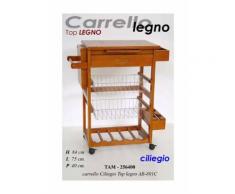 Carrello cucina top in legno ciliegio ruote 2 cesti portabottiglie AB-801C