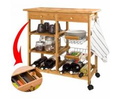 Carrello Cucina Legno Bambu 2 Cassetti Portaposate Portabottiglie 4 Scomparti